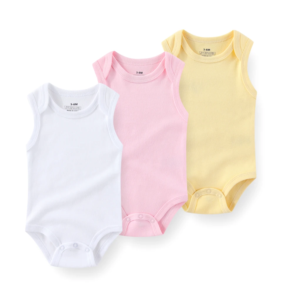 솔리드 컬러 3Pcs  소년 소녀 옷 100% 코튼 바디 슈트 민소매 조끼  소년 옷 여름 봉투 칼라