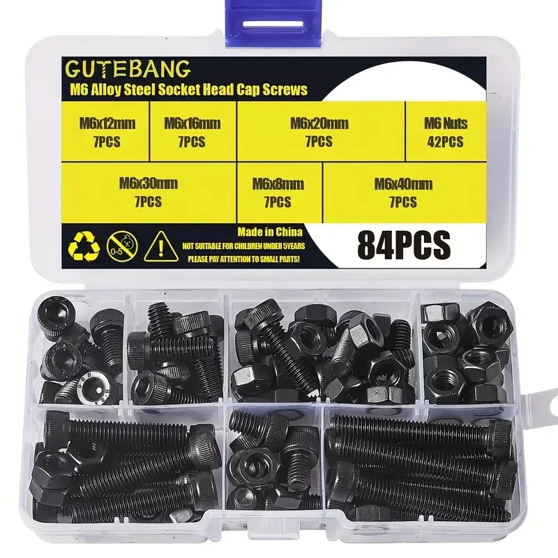 50/84 pieces M6/M8 X 8mm/10mm/12mm/16mm 20mm/30mm/40mm hex socket screw bolt and nut kit grade 12.9 alloy steel black oxidize