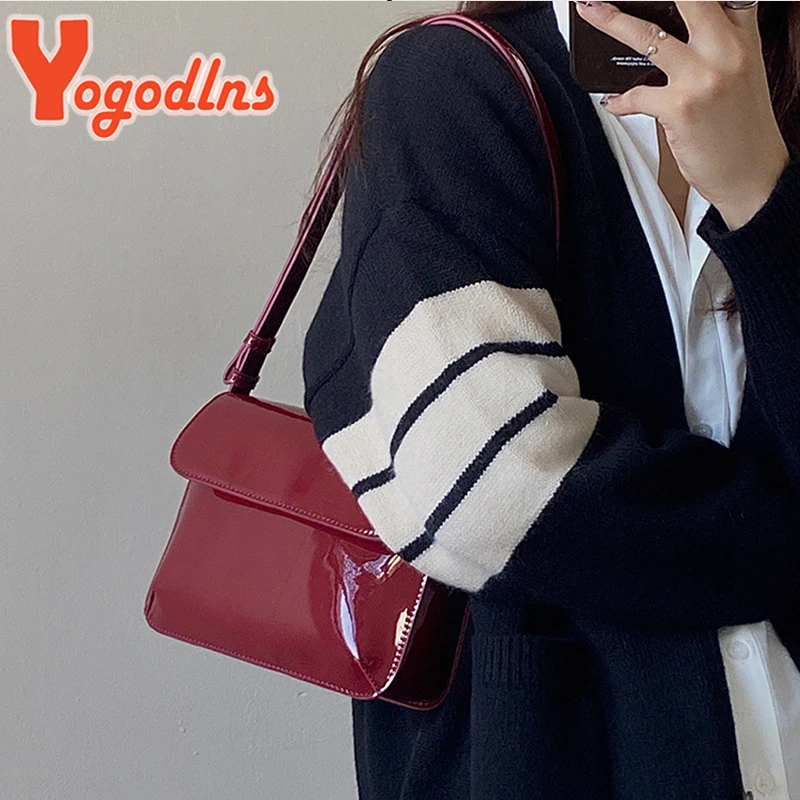 Yogodlns Luxury Patent Leather Women's Bag Fashion Underarm Bag Designer Small Square Crossbody Bag Casual Ladies Handbag Purse