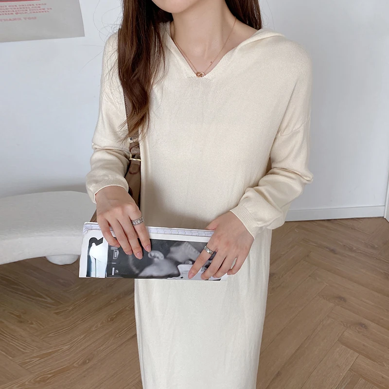 

Chic Loose Wool Dress for Women Hooded Winter Fall Vintage Long Knitted Vestido Ladies Runway Design Korean Knitwear Business