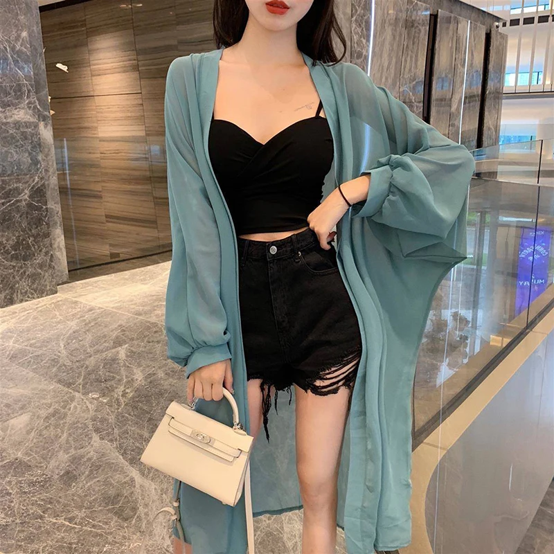 MEXZT 여름 여성 블라우스, 퍼프 소매 긴 쉬폰 자외선 차단 셔츠, 블랙 화이트, 루즈 캐주얼 자외선 차단 셔츠 상의, 가디건