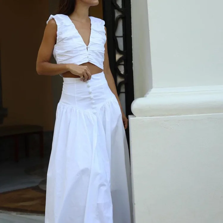 White Pleated 2 Piece-Set Maxi Skirt Women V-Neck Cropped Top And Patchwork Fashion Long Skirt Sets Ladies Solid Outfits