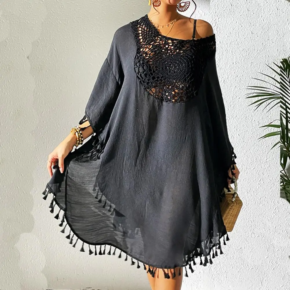 Women Beach Bikini Cover Up O-Neck Half Sleeve Fringed Hollow Loose Fit Swimsuit Dress Solid Color Loose Fit Cover Up Dress