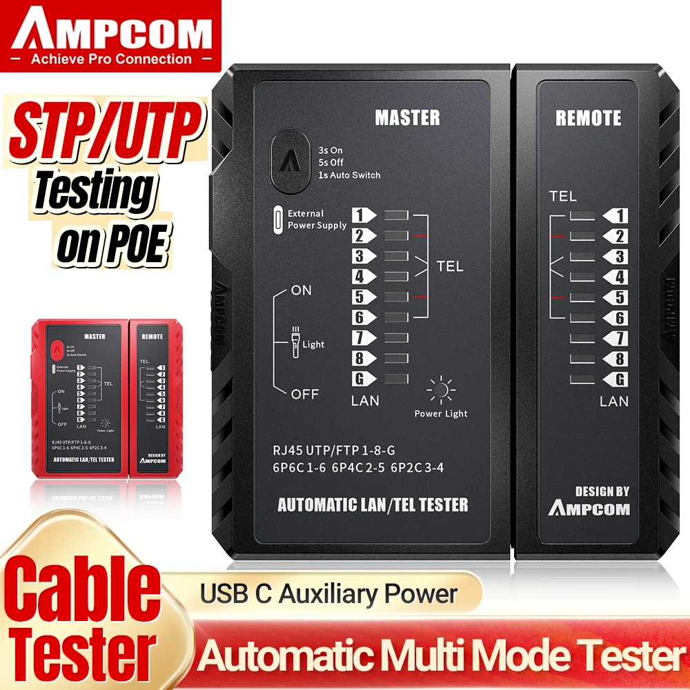 Тестер сетевого кабеля AMPCOM, инструмент для тестирования проводов телефона LAN, сетевой инструмент, ремонт Ethernet для RJ45 / RJ11 / RJ12 / CAT5 / CAT6 / CAT7 / CAT8