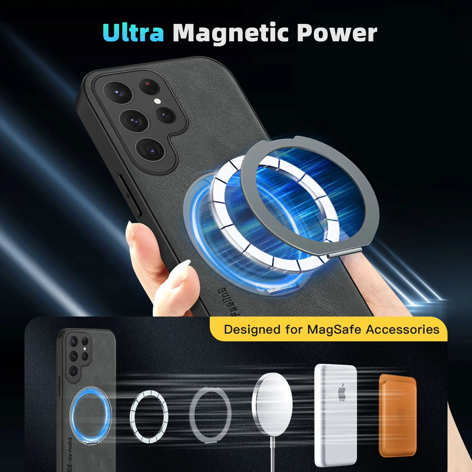 Magnetic Kickstand Leather Phone Case with Wireless Charging Compatibility