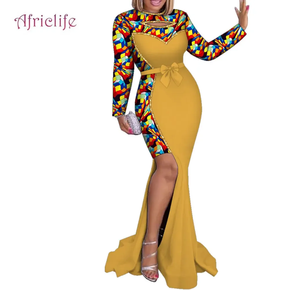 

African Print Women's Dress Floor-length Elegant Wedding Dress Long Sleeved Party Clothing Dress for Women Wy4004