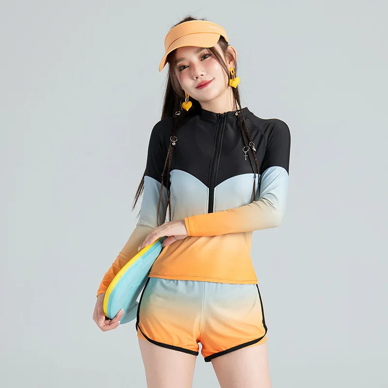 Long Sleeve Rash Guard Women Colorblock Two Piece Swimsuit Crop Top Swimwear High Neck Bathing Suits Zipper Surfing Suits Shorts