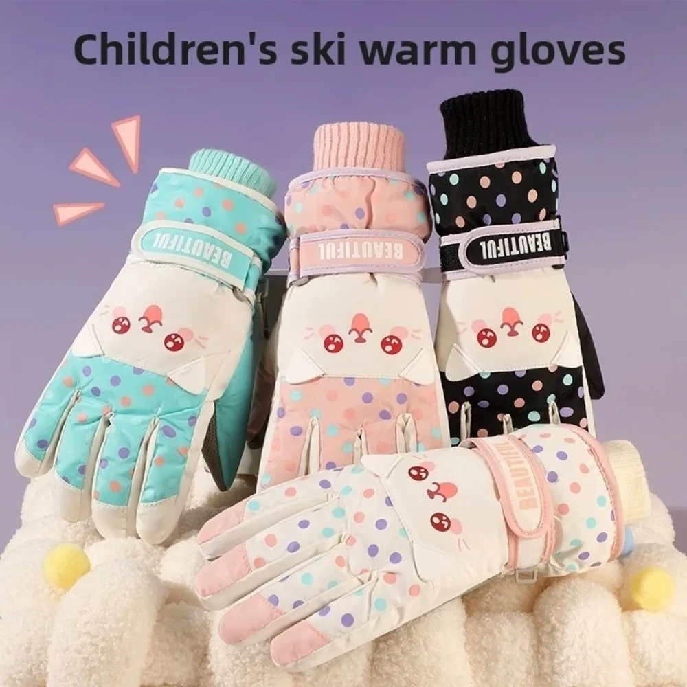 Kawaii Cartoon Children Ski Gloves Thicken Full Finger Kids Snowboard Gloves Keep Warm Riding Girls Skiing Gloves Camping
