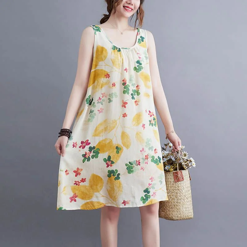 

Women Dresses Cotton Linen Oversize Strap A-line Floral O-neck Sleeveless Summer New Casual Loose Thin Dress for Women Clothing