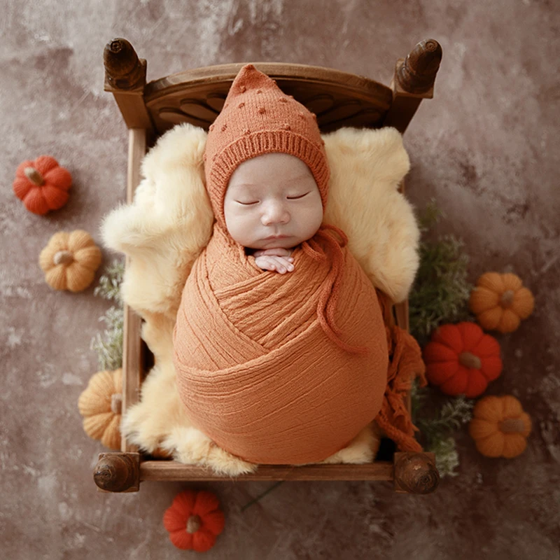 

Newborn Photography Props Seersucker Baby Swaddle Wrap Knitted Hat Headflower Studio Photo Prop Rabbit Fur Blanket Basket Filler
