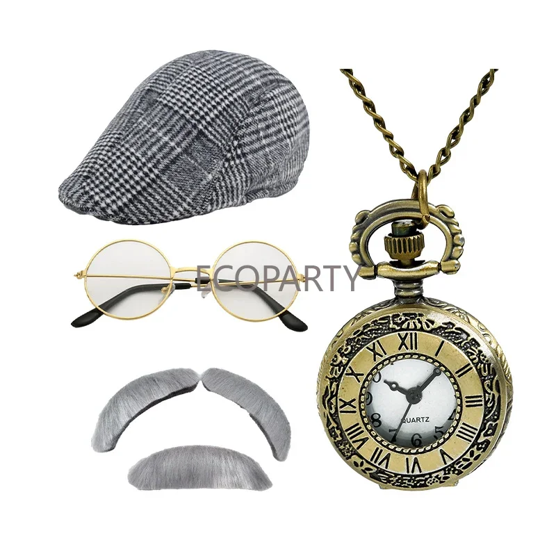 Cosplay hats 1960s Old Man Series Beret Hat Glasses Bow Tie Shoulder Strap Mustache Pipe Pocket Watch Crutch Eight Piece Dress Suit