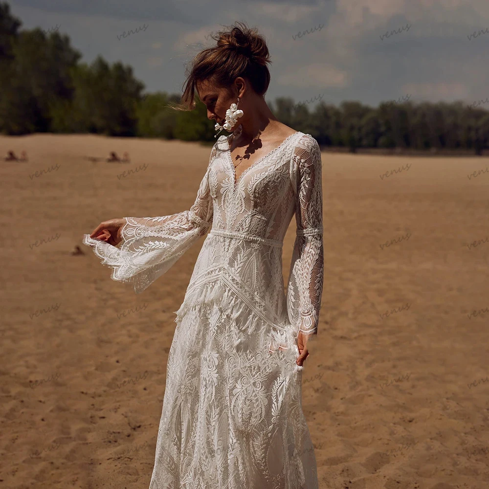 Bohemia Vintage Wedding Dresses For Women 2024 V-Neck Backless Bridal Gowns Flare Sleeves Lace Robe Vestidos De Novia Customized 4