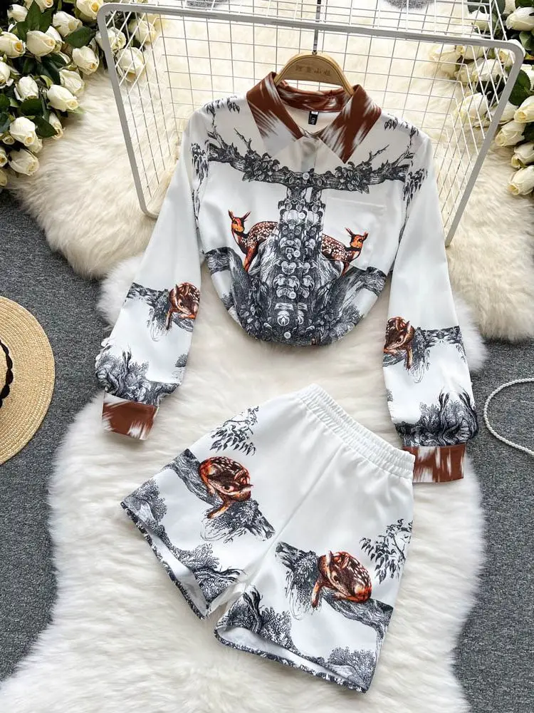 

Banulin 2 Piece Outfits for Women Short Sets 2022 Spring Runway Vintage Print Blouse and Shorts Two Piece Summer Set N3990