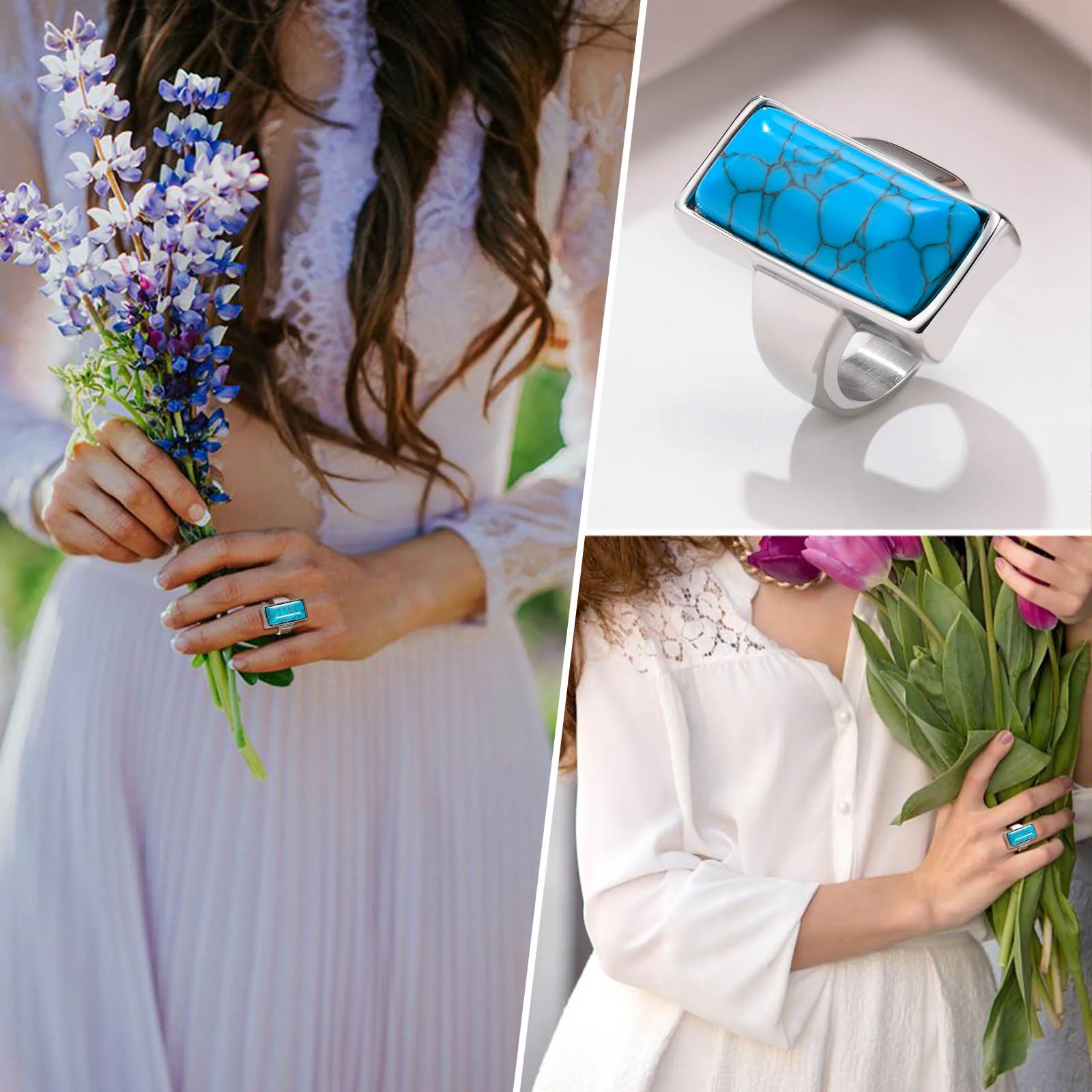 Elegant Vintage Turquoise Bohemian Statement Ring in Stainless Steel