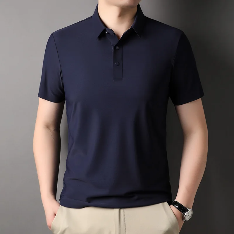 

Summer Men's T-shirt Short Sleeve Seamless Pressed Glue Brocade Ammonia Elastic Lapel Ice Silk Tees Tops Polo Shirt Clothing