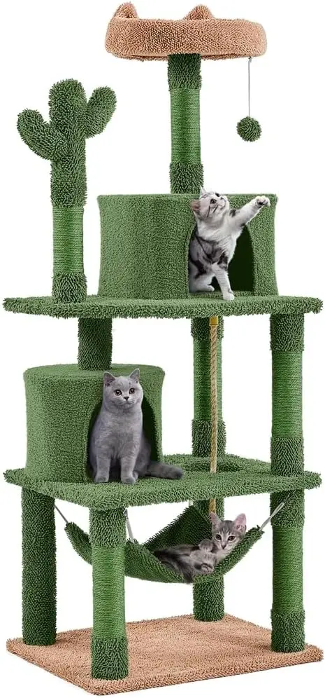 

62in Cactus Cat Tree Multi Level Tower Activity Center Large Condo w/Scratching Posts & Hammock & Dangling Ball, Cat Furniture