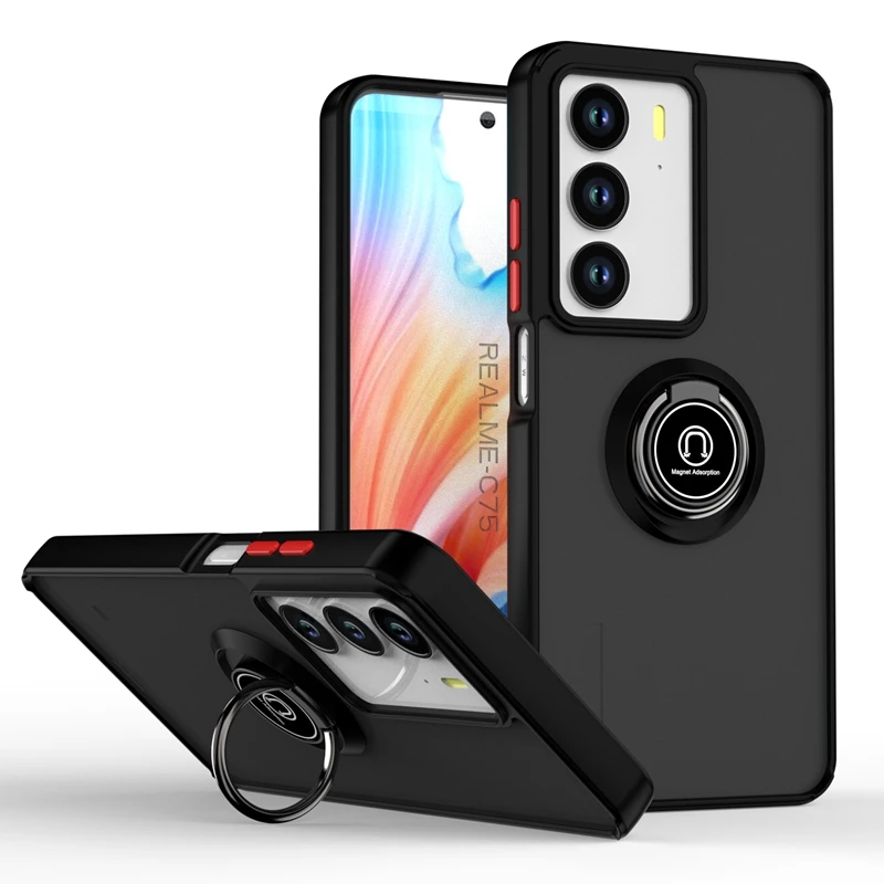 Shockproof Armor Phone Case with Lens Protection and Ring Holder - Matte Finish