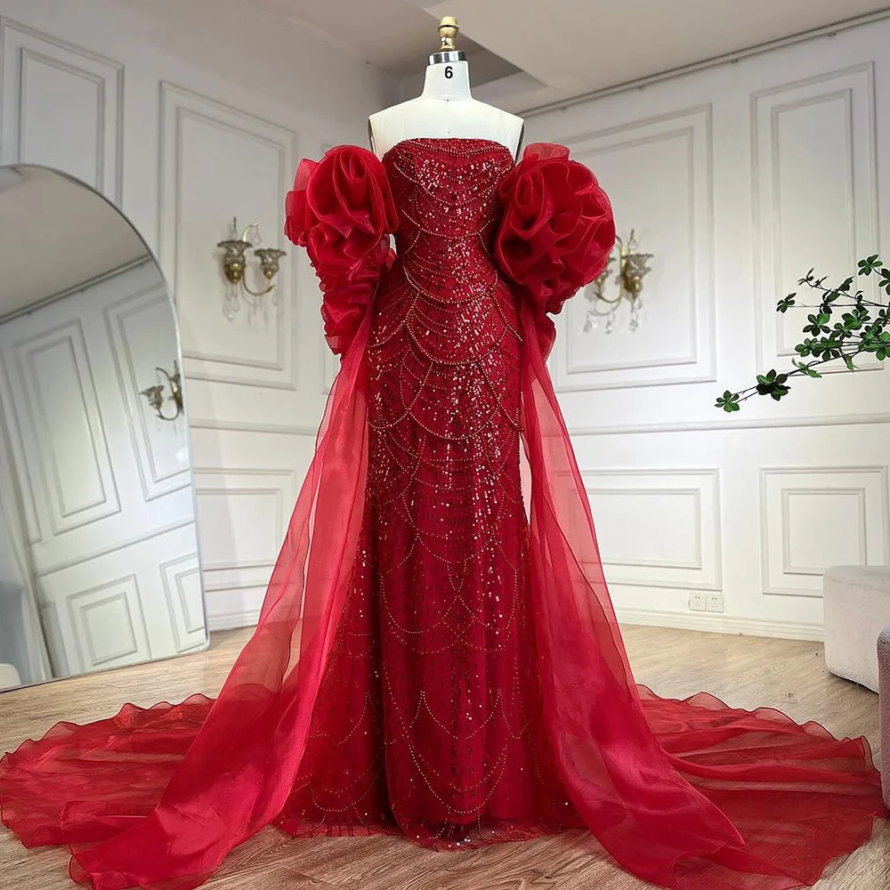Serene Hill Red Long Cape Mermaid Evening Dresses Gowns with