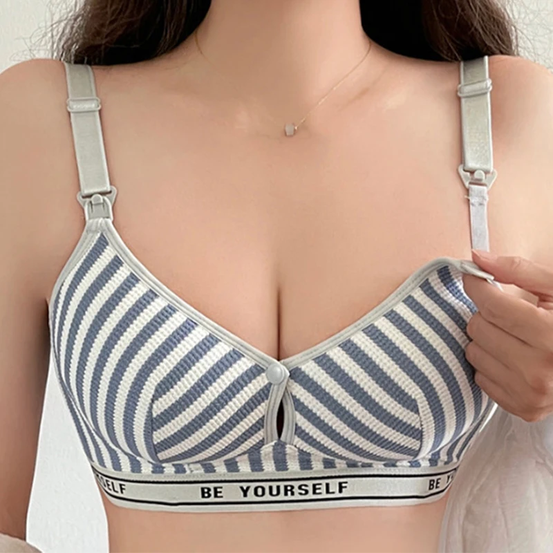 New Lightweight Breathable Maternity Breastfeeding Bra Made of Pure Cotton Gathered Anti Sagging Letter Stripe Women's Underwear 2