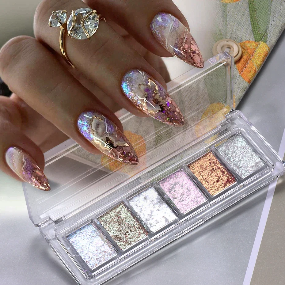 6 Grids Bright Bling Mud Nail Solid Pigment Crystal Opal Rubbing Dust Aurora Chrome Glitter Paste Charm Japanese Manicure Flash