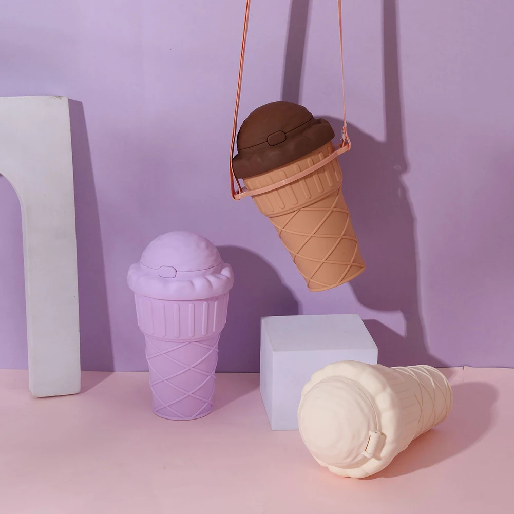 Kawaii Ice Cream Shape Drinking Water Bottle with Straw Kids Plastic Travel Juice Milk Cup Portable Shaker Drink Bottle 500ML