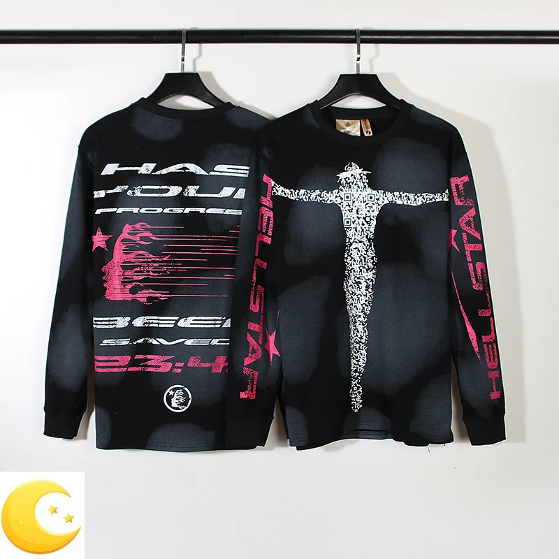 

Long Sleeve Hellatar T-Shirts 2024 Men Women Oversize Casual Vintage Streetwear T-Shirts Tops Tees Black