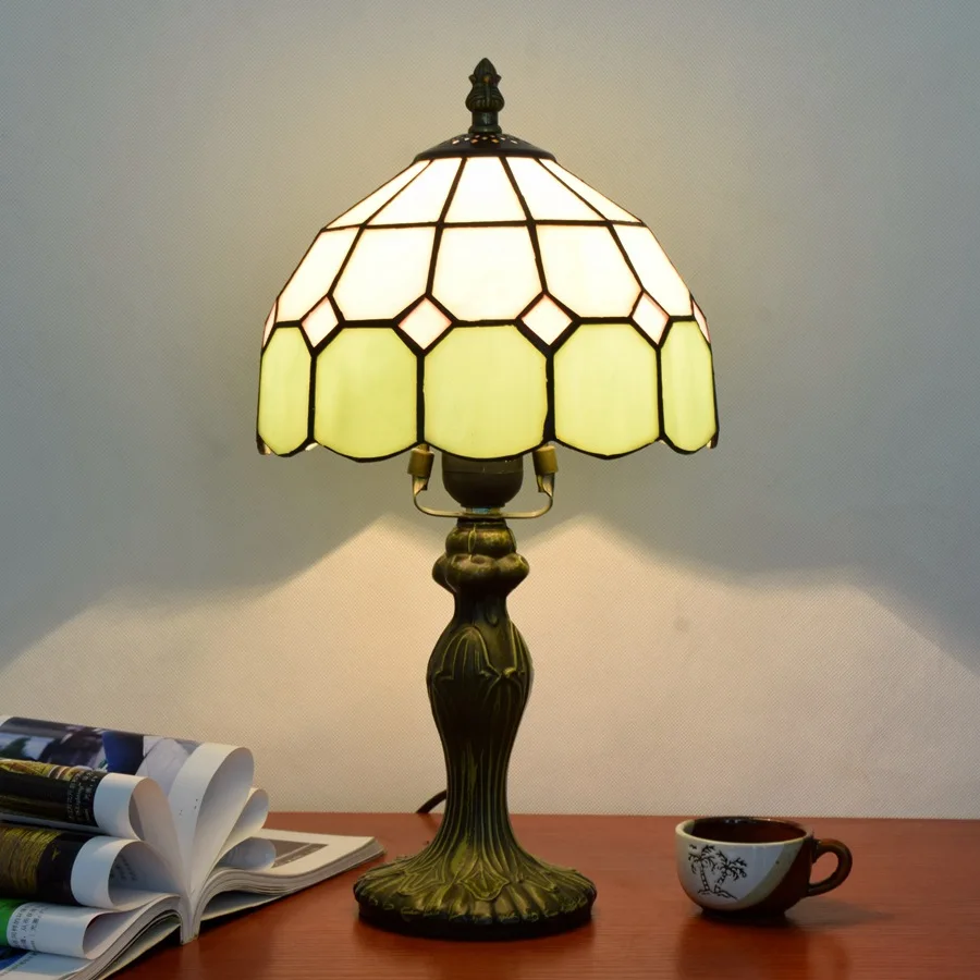 

20CM European Stained Simple Glass Lattice Table Lamp Bedroom Bedside Study Reading Bar Decoration Lamp Metal Base