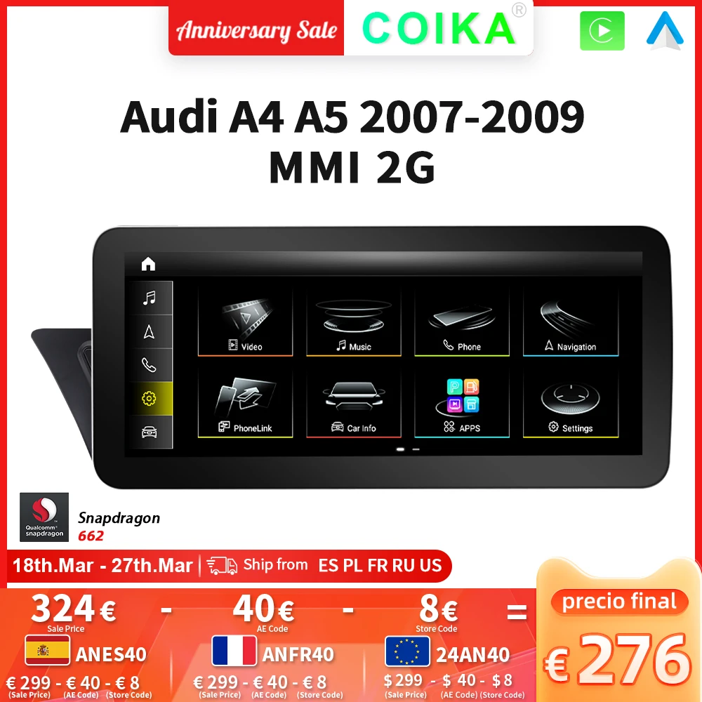 

8-ядерный автомобильный радиоприемник Android 12 для Audi A4 A5 2007-2009 MMI 2G WIFI SIM BT Carplay DSP аудио GPS Navi мультимедийный плеер