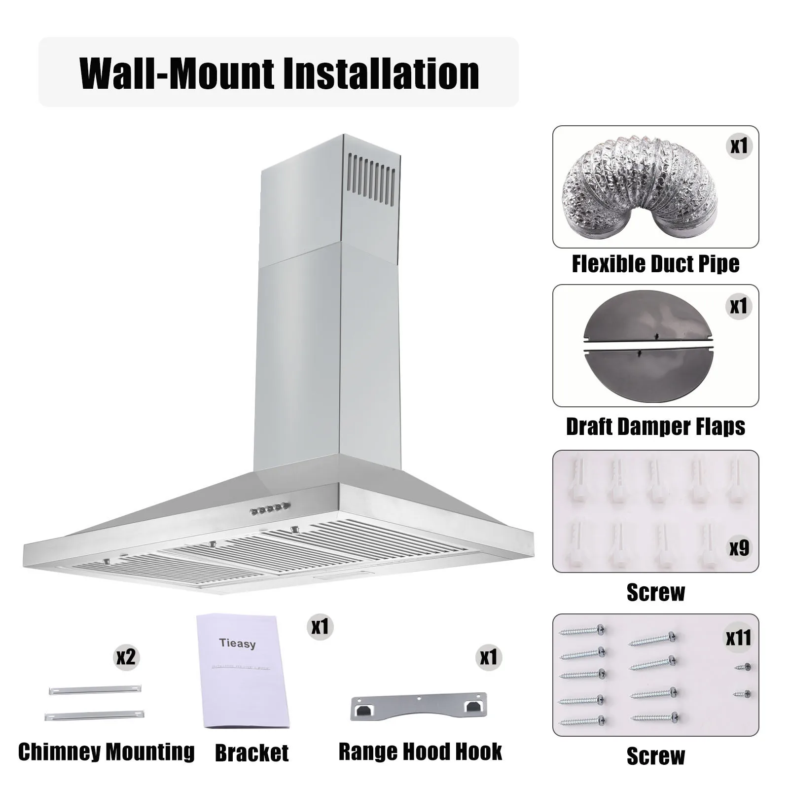 Tieasy 36 Inch 450CFM Wall Mount Ducted / Ductless Convertible Push Button Permanent Filters Led Lights Range Hood ZMG-0190B 5