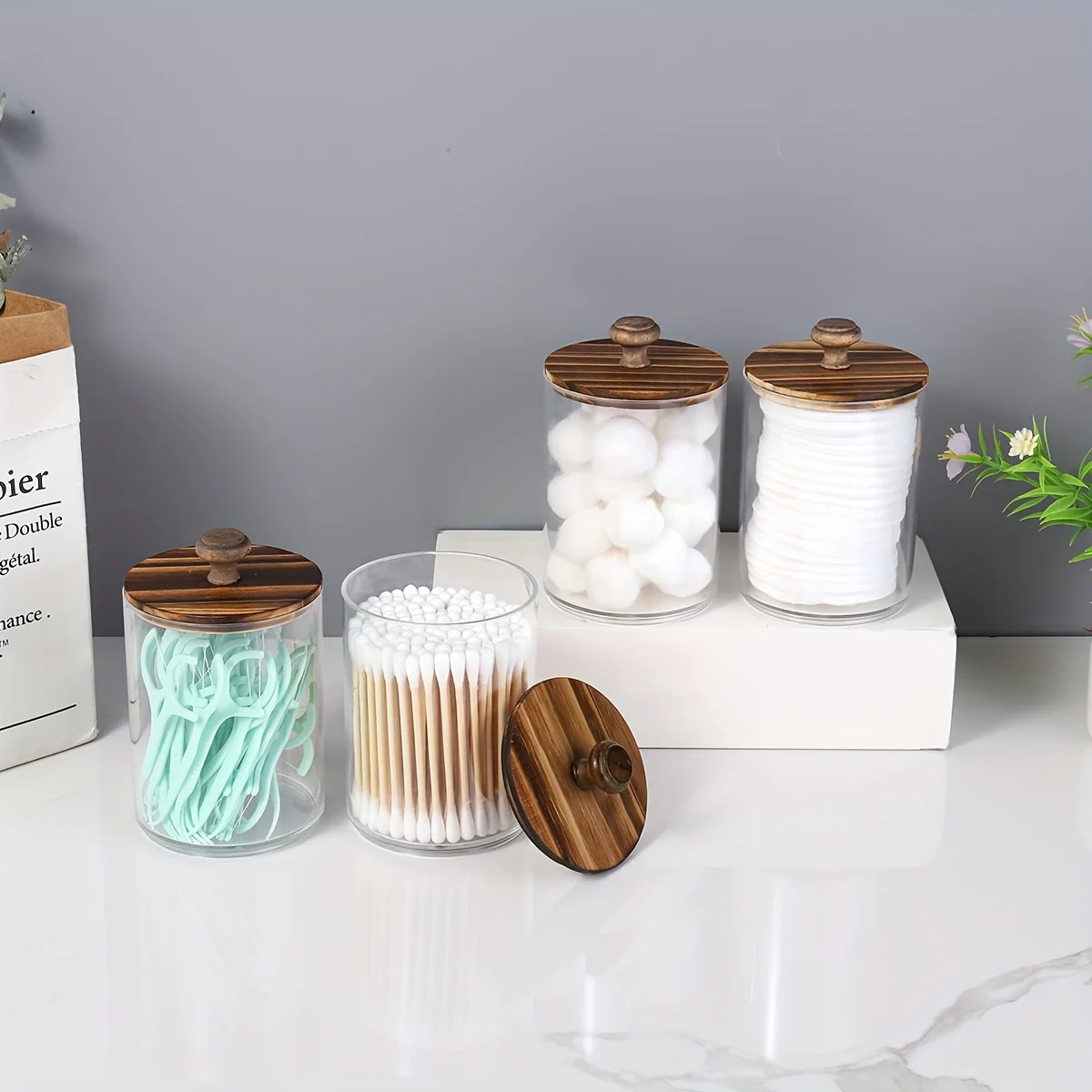 2/4 Pack Holder - Restroom Bathroom Organizers and Storage Containers, Clear Plastic Apothecary Jars with Wood Lids 3