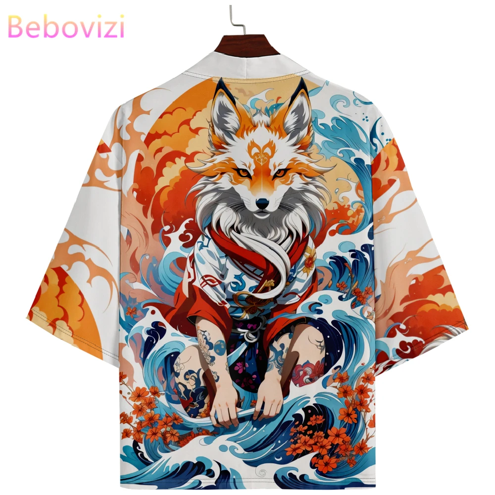 Japanese Anime Fox Wave Print Samurai Kimono Harajuku Men Women Cardigan Haori Summer Beach Yukata Asian Clothing