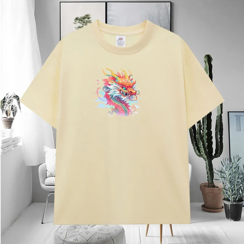 Men's T-Shirt 2024 New Chinese Loong Vintage Pure Cotton T-shirt Fashion chic T-shirt Round neck Clothing