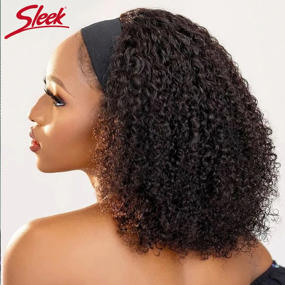 Sleek Kinky Curly Human Hair Headband Wig For Black Women 180% Density Brazilian Remy Jerry Curl Full Machine Made Human Hair