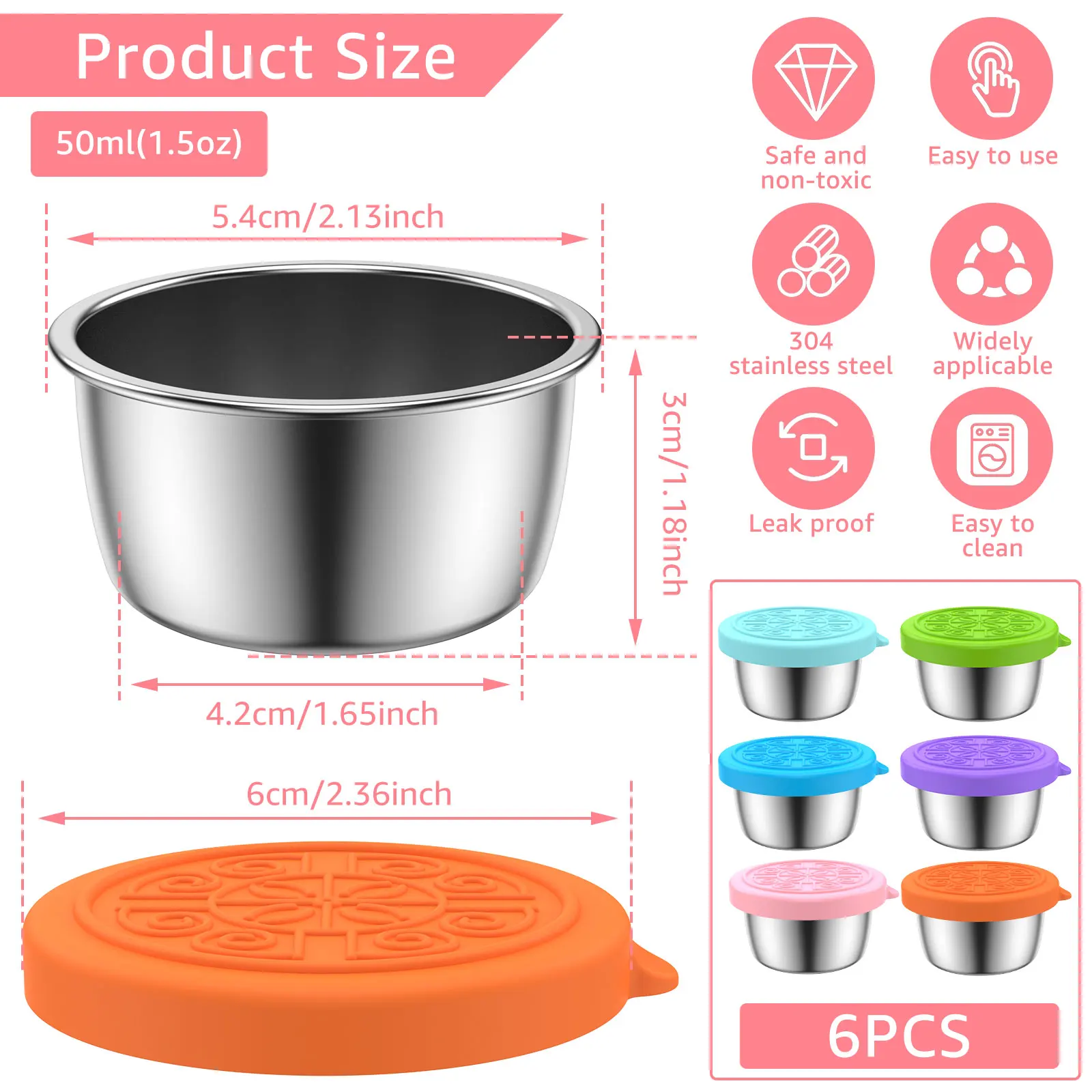 6Pack 2.4oz Small Condiment Containers with Lids, Salad Dressing Container  To Go, Stainless Steel Sauce Silicone Leakproof, Reusable, Dipping Cups