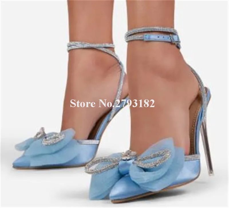 

Butterfly-knots Mesh Pumps Newest Women Pointed Toe Lace Bowtie Stiletto Heel Party Shoes Blue Black Yellow Satin Wedding Heels