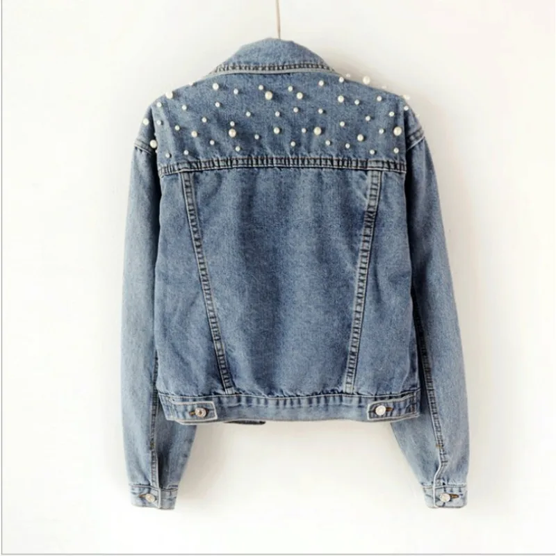 2024 Women's Short Denim Jacket Beaded Pearl Jacket Loose Spring and Autumn New Denim Jacket 2