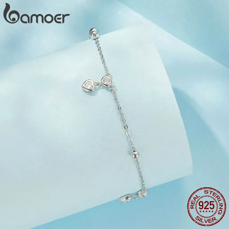 BAMOER 925 Sterling Silver Heart Fringe Chain Anklet Bracelet Adjustable Beach Ankle Chain for Women Foot Chain Jewelry