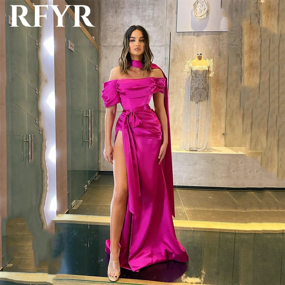 

RFYR Fuchsia Stain Prom Dresses with Belt Off the Shoulder Evening Dresses Side Split Strapless فساتين سهره Mermaid Party Dress