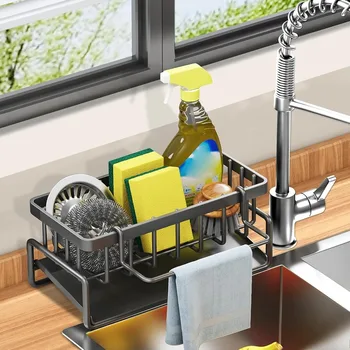 Organizzatore per scolapiatti per lavello da cucina, portaoggetti per spugna, portasapone, scolapiatti, portasciugamani, organizer per lavello da cucina 1