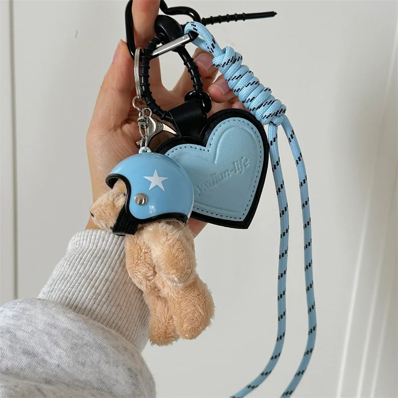 Cute Helmet Bear Pendant DIY Personality Car Key Chain Decoration Charm Woven Rope Hanging Mobile Phone Key Ring Bag Accessories