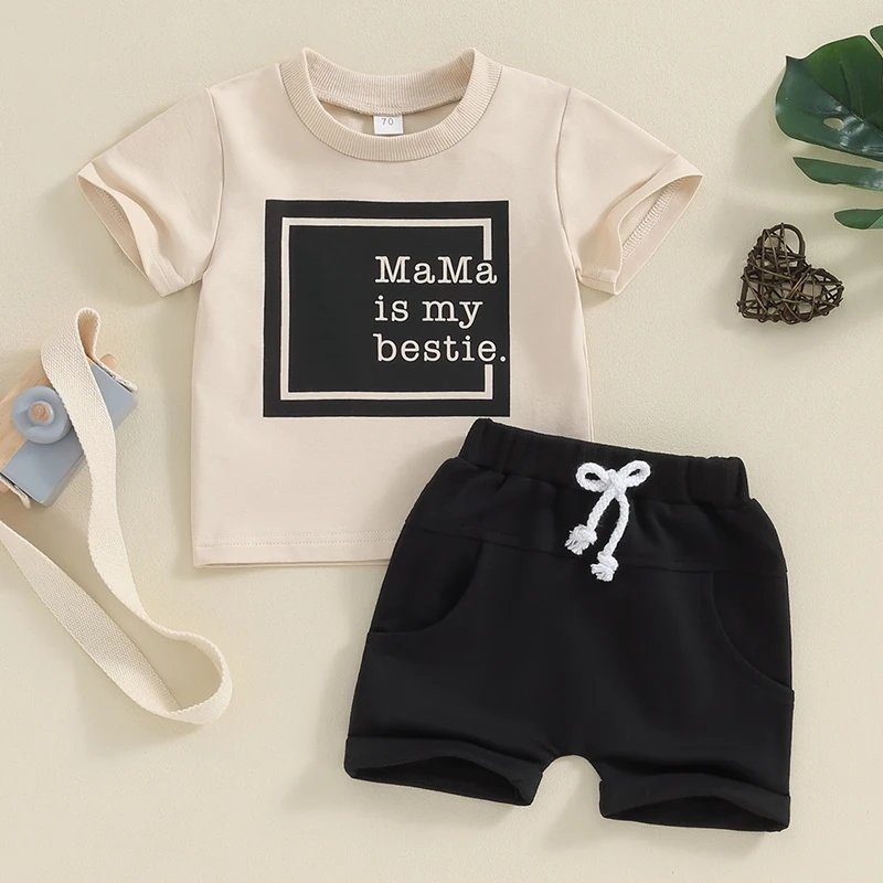 FOCUSNORM 0-3Y Summer Baby Boys Clothes Sets Outfit Letter Print Patchwork Short Sleeve T-Shirt and Elastic Shorts