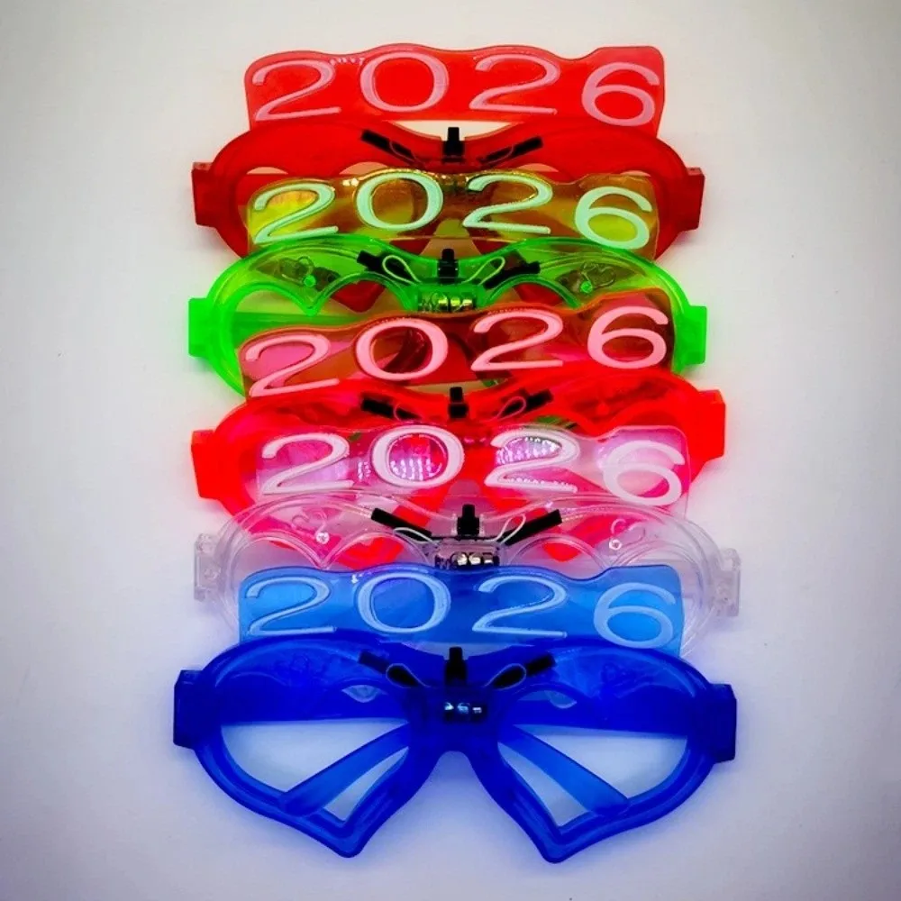LED Glow 2026New Year Glow Glasses Square/Love Heart Shape Photographic Ornaments 2026 LED Glow Glasses Light Up Number Letter