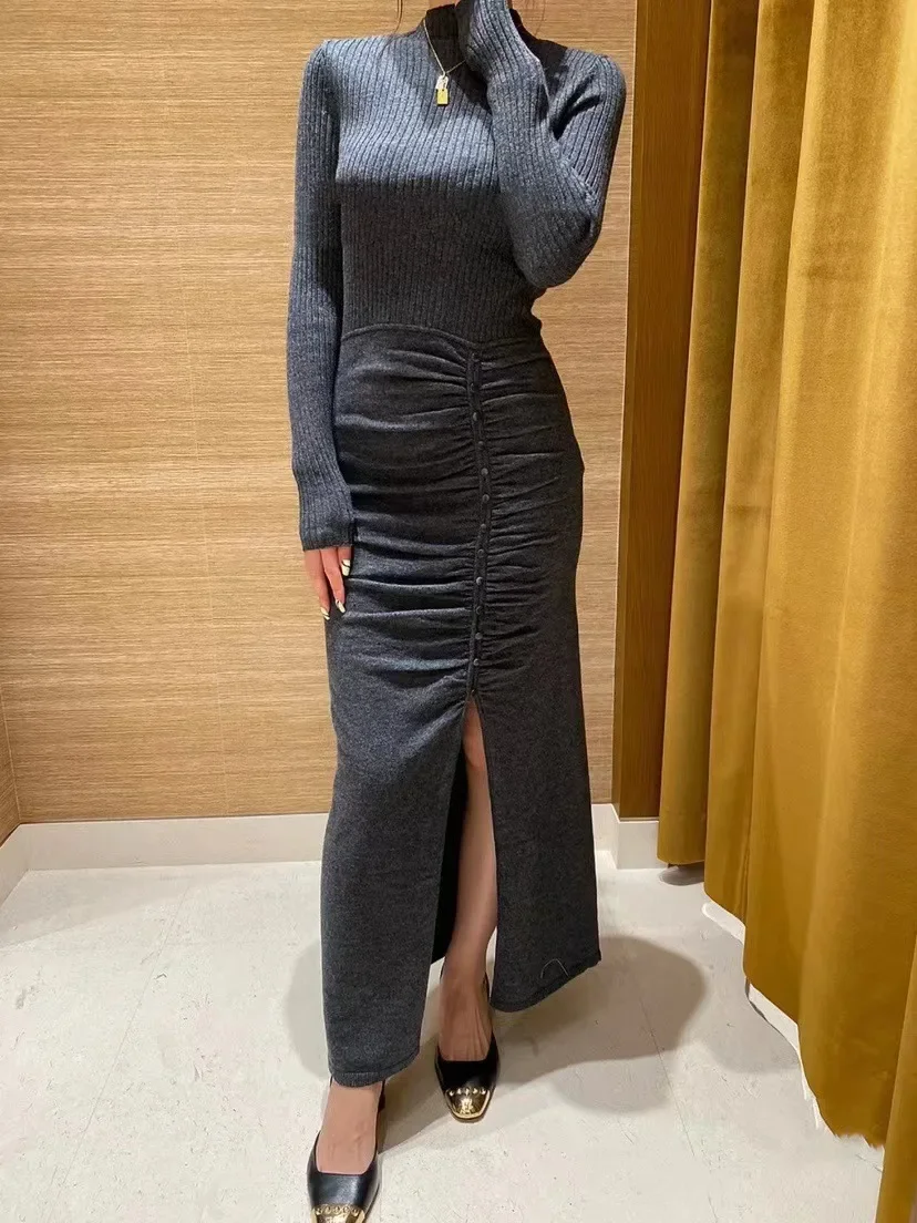 

Women 2-Colors Knitted Midi Dress Pleated Split Half Turtleneck Long Sleeve Vintage Spring 2024 Robe with Buttons