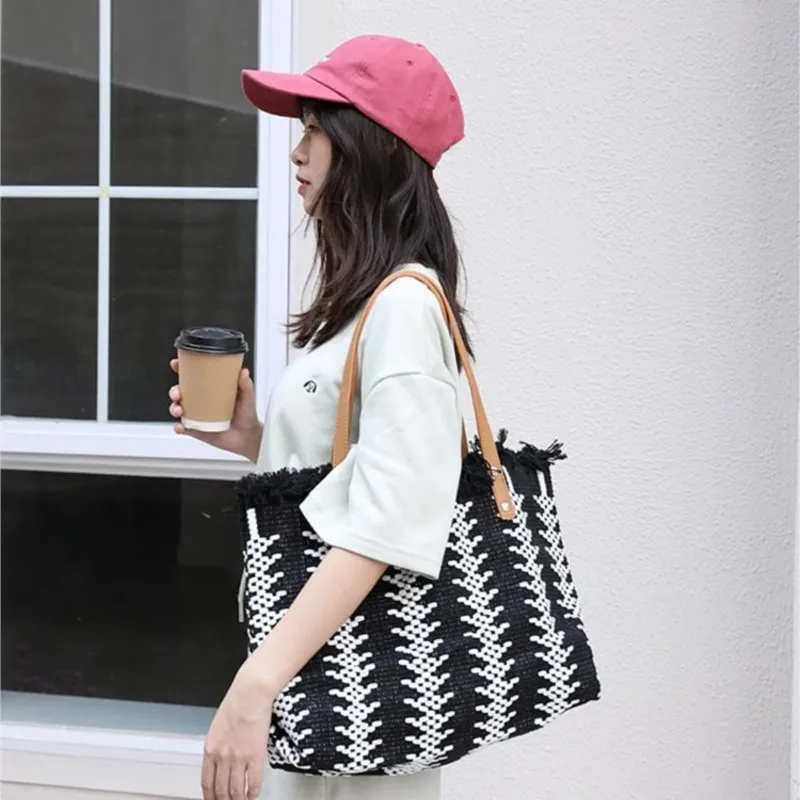 JIAERDI Woven Fringe Tote Bag Women Black Large Capacity Handbag Ladies Fashion Casual Versatile Personalized Underarm Bag 2025
