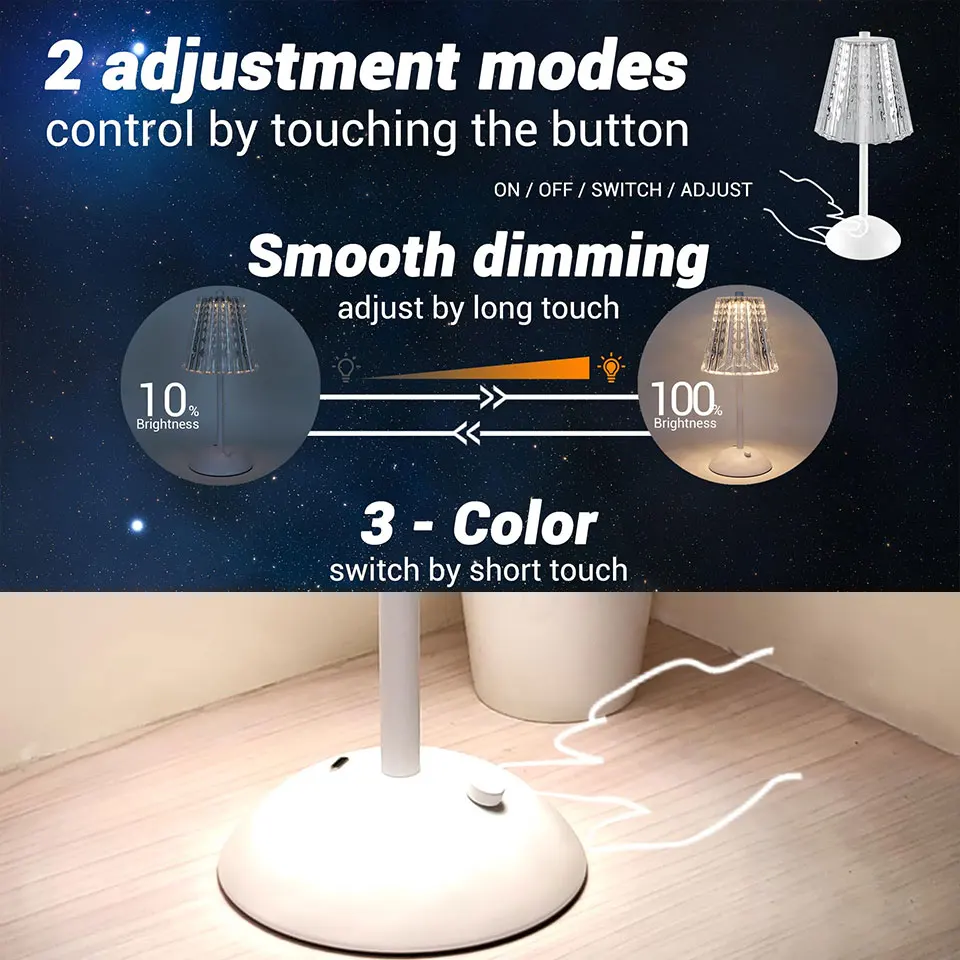 Crystal Retro Table Lamp USB Rechargeable Touch Sensor Atmosphere Lamp Rechargeable Dimming LED Light Bar Hotel Bedside