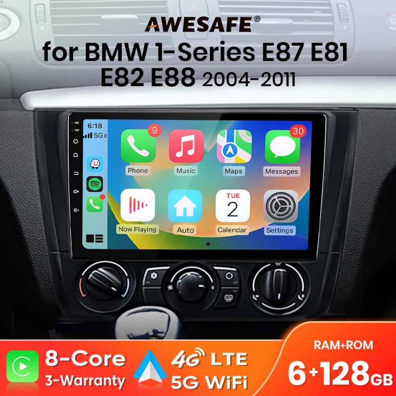 Radio AWESAFE con CarPlay y Android Auto inalámbrico para BMW Serie 1 E87 E81 E82 E88 2004 2005 2006-2011, Plug & Play, FM, BT, RDS, DSP, GPS, Multimedia 1
