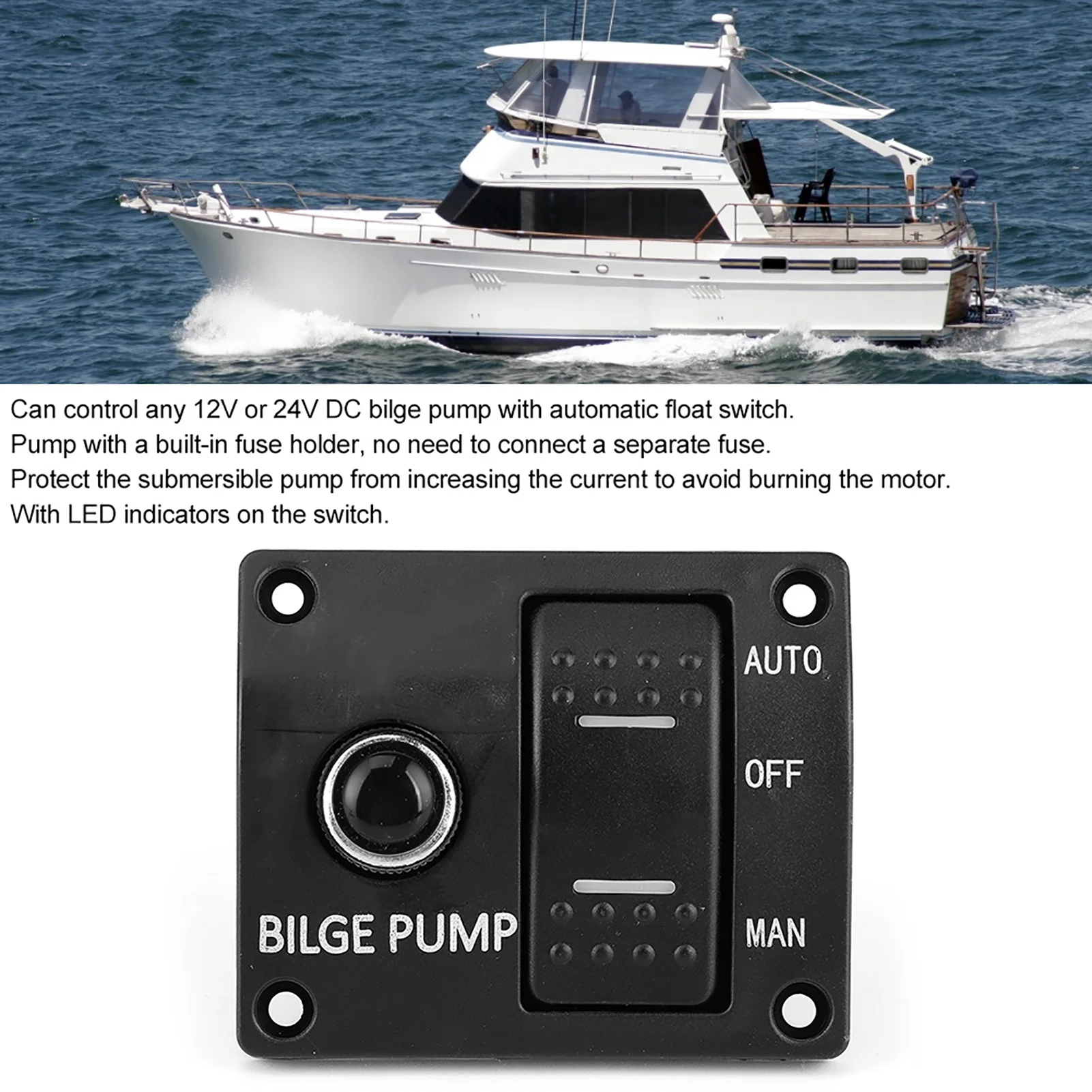 Bilge Pump Marine Water Pump 12 24V 3 Way Switch Panel Auto Off Manual With LED Indicator Built-In 15A Circuit Breaker Accessories Replacement