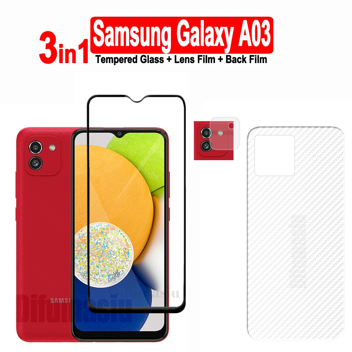 

3in1 For Samsung Galaxy A03 Tempered Glass Screen Protectors + Soft Back Film + Soft Camera Lens Film