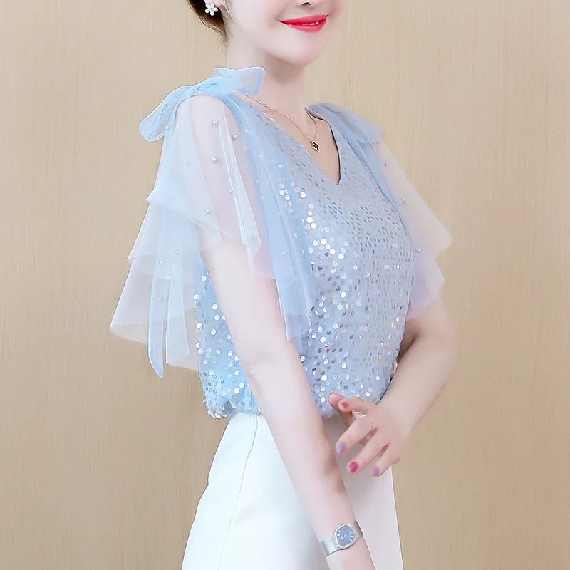Summer Women's Fashion Short Sleeve Off Shoulder Chiffon Shirt Elegant Sequin T-shirt Stylish V-neck Slim Fit Shirt Top
