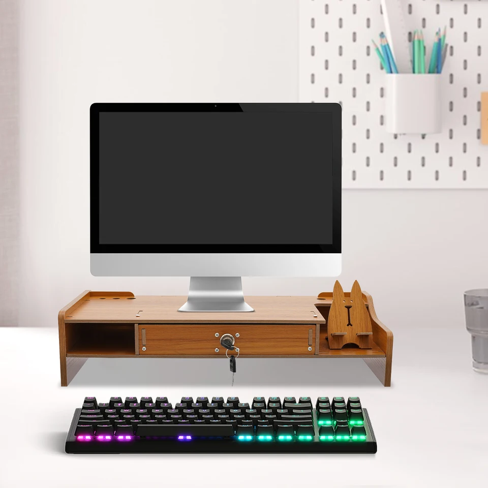 Ergonomic Computer Monitor Stand with Lockable Drawer